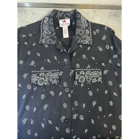 Quacker Factory Vintage Black Denim Jacket Bandanna Sequins Paisley Size Large - Picture 12 of 14